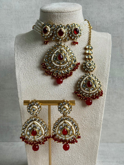 Ayura Designs Tehreem Set with Necklace, Earrings & Tikka – Mirror-Cut Stones, Ruby Red Beads & Antique Gold Finish