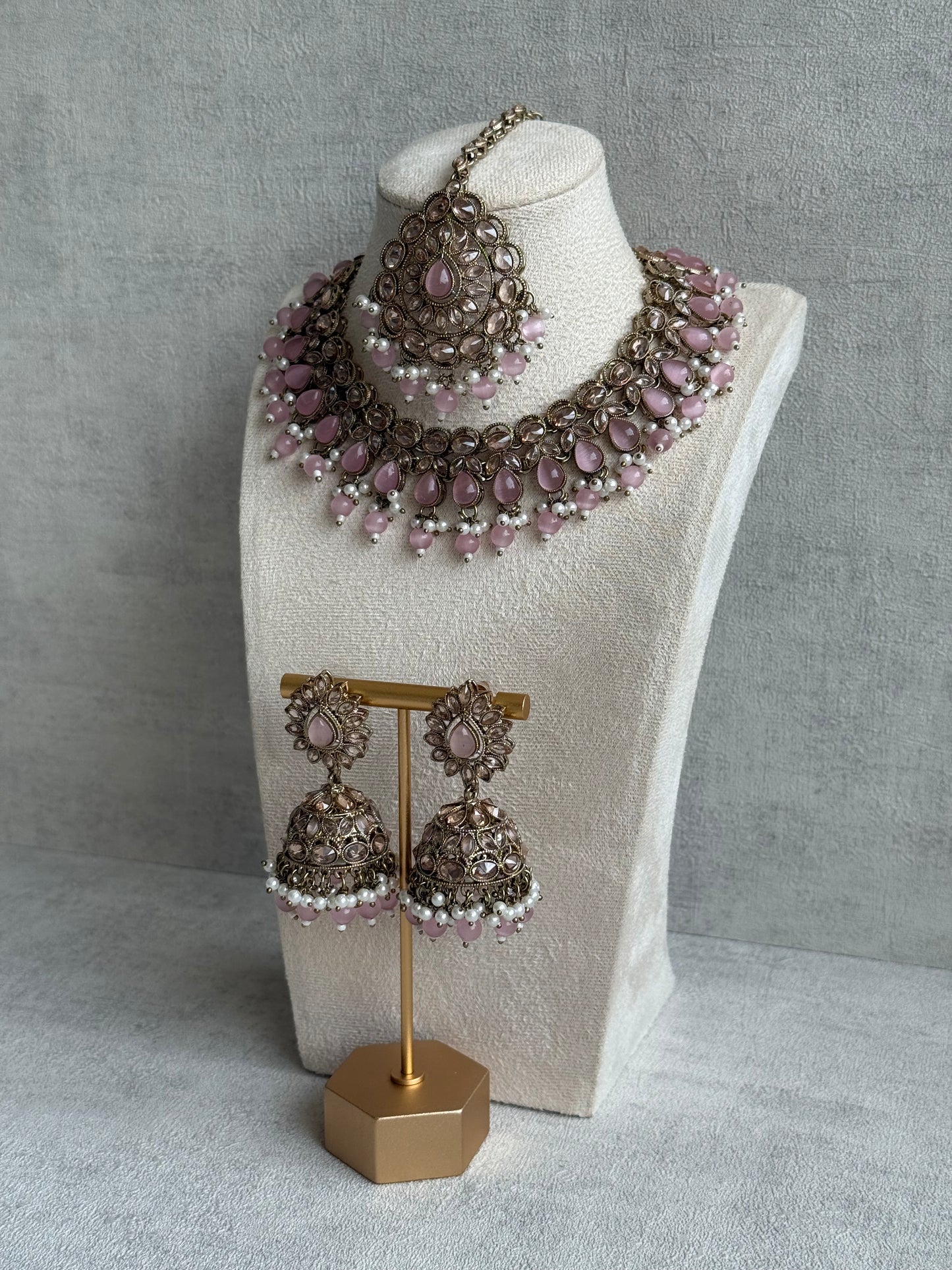 Ayura Designs Emaan Set – Necklace, Jhumkis & Tikka with Blush Pink Stones, Ivory Pearls & Champagne Gold Finish