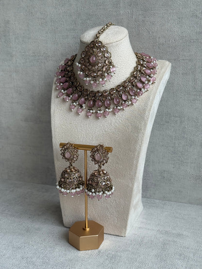 Ayura Designs Emaan Set – Necklace, Jhumkis & Tikka with Blush Pink Stones, Ivory Pearls & Champagne Gold Finish