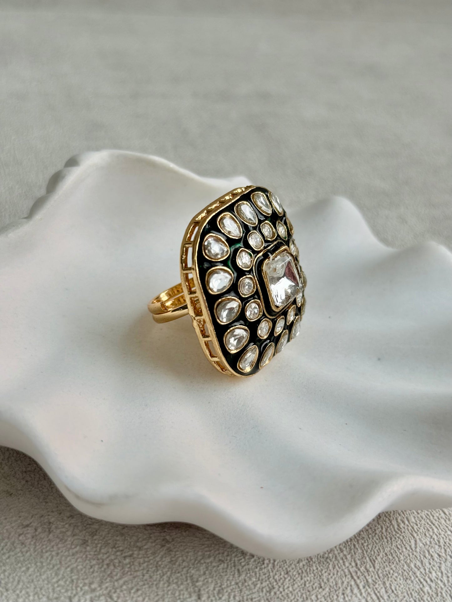 Ayura Designs Arzoo Adjustable Ring – Mirror-Cut Stone Centre with Green Enamel & Crystal Detailing