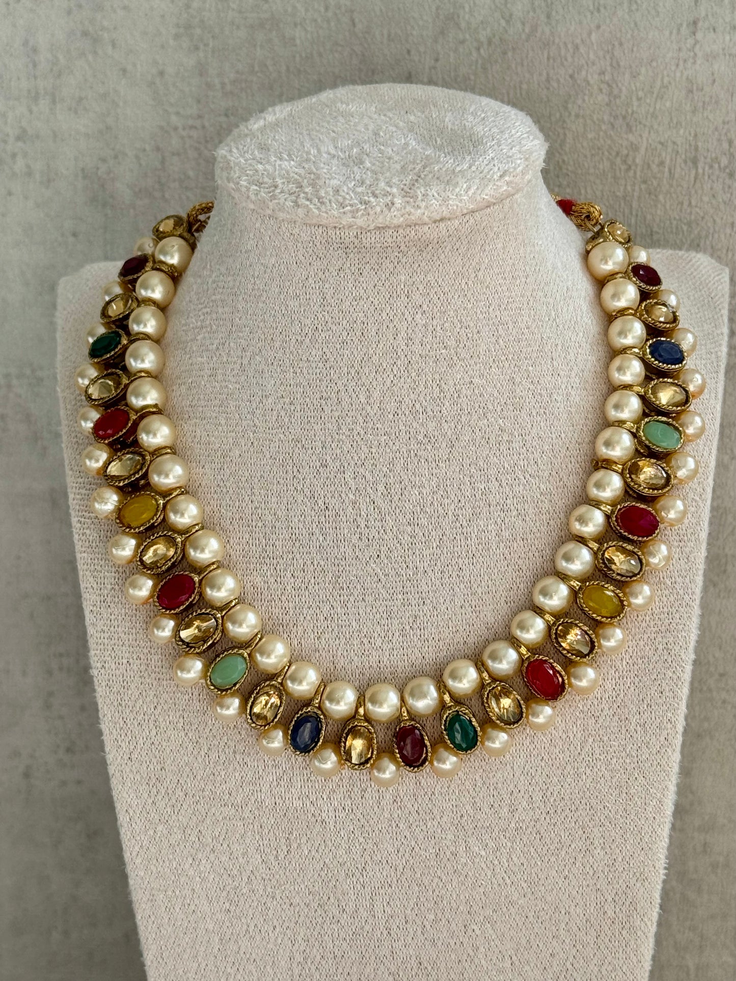 Ayura Designs Hala Set with studs– in Elegant Multicoloured Stones & Ivory Beads