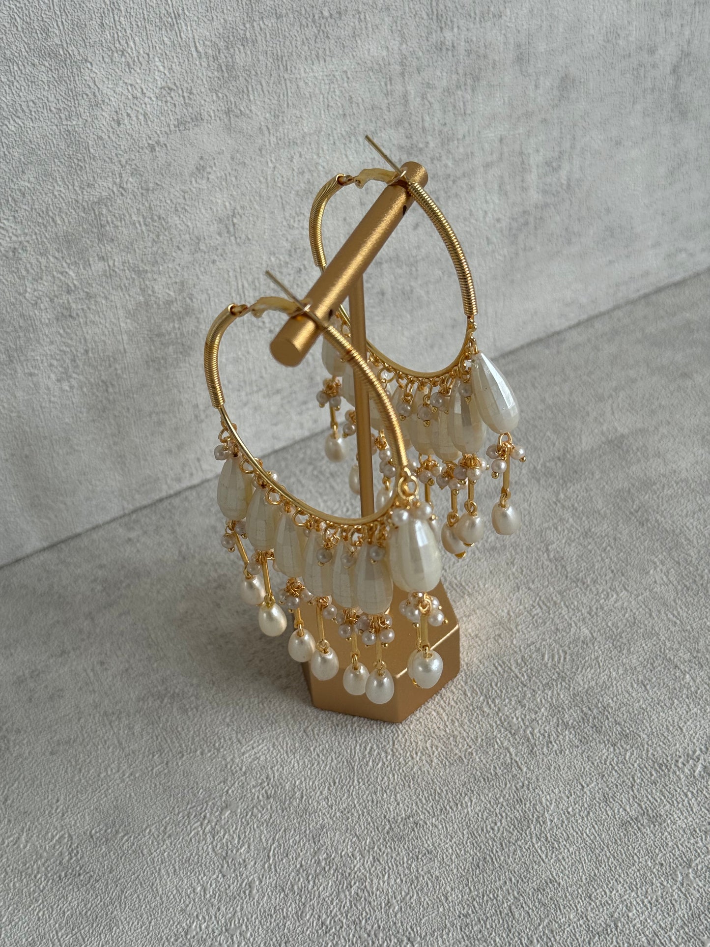Ayura Designs Emery Balis – Gold Hoop Earrings with Faceted Pearl Drops & Fringe Detailing
