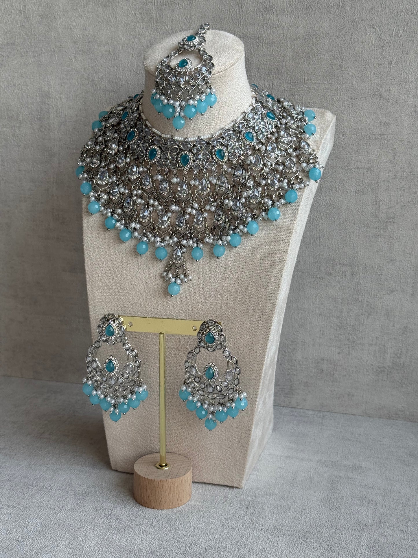 Ayura Designs Eknoor Set – Necklace, Tikka & Earrings with Aqua Blue Beads, Pearls and Silver Finish