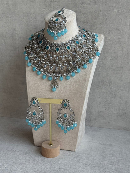 Ayura Designs Eknoor Set – Necklace, Tikka & Earrings with Aqua Blue Beads, Pearls and Silver Finish