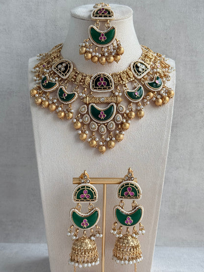 Ayura Designs Tafiza Necklace Set with Sahare Jhumki Earrings & Tikka – Emerald Green, Rani Pink, Kundan, Pearls & Antique Gold Finish