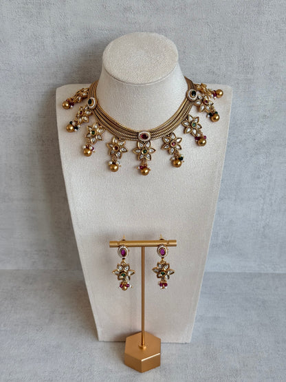 Ayura Designs Daksha Necklace Set with Earrings – Gold Layered Chain Necklace with Ruby Pink & Emerald Green Kundan Floral Motifs