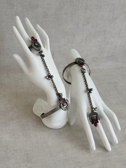 Ayura Designs Ishaana Haathphool Set of 2 – Oxidised Silver Hand Harness with Ruby Pink Stones & Ghungroo Detailing
