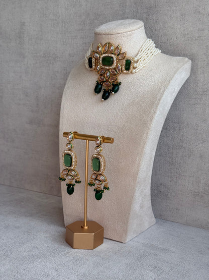 Ayura Designs Raaz Set with Necklace & Earrings – Emerald Green Stones, Kundan Detailing & Antique Gold Finish