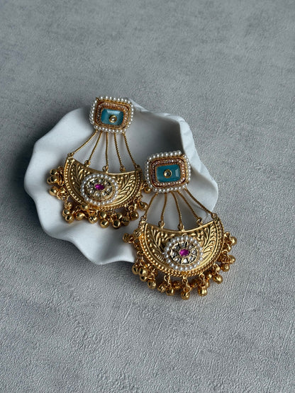Ayura Designs Jheel Earrings – Turquoise Half-Moon Drops with Pearl Edging & Golden Ghungroos