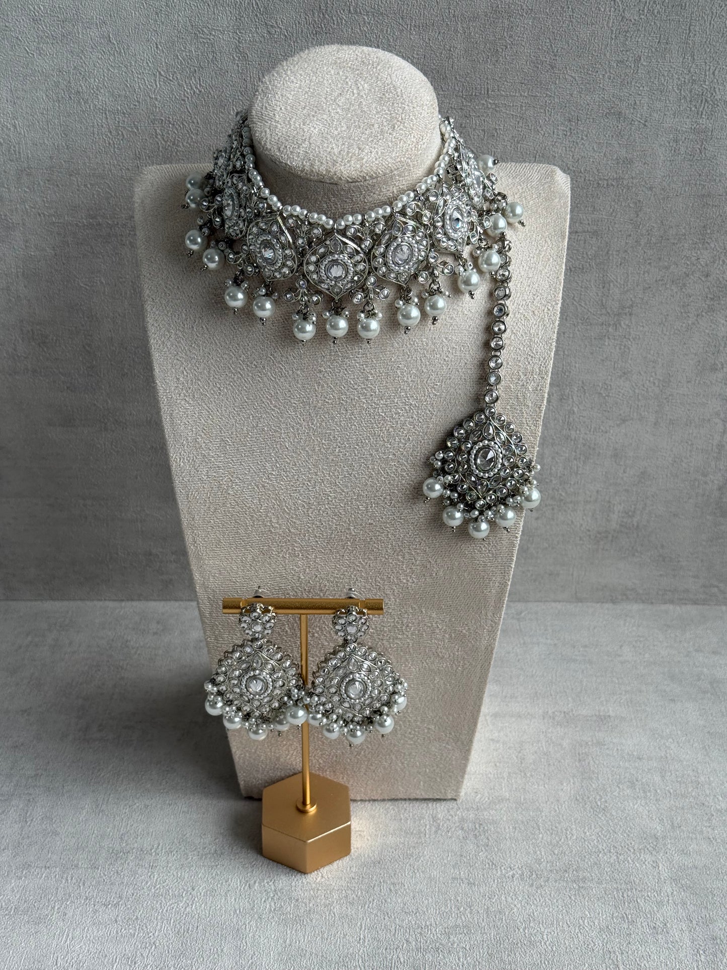 Ayura Designs Palki Set – Choker, Earrings & Tikka with Mirror-Cut Stones, Pearl Detailing & Silver Finish
