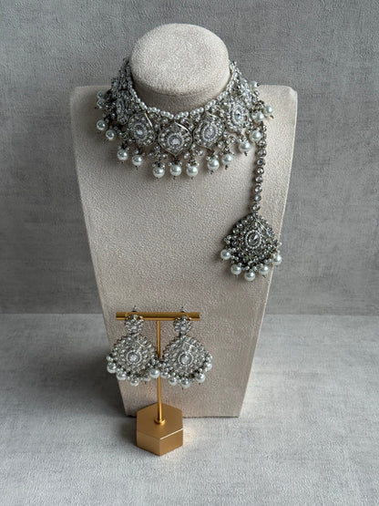Ayura Designs Palki Set – Choker, Earrings & Tikka with Mirror-Cut Stones, Pearl Detailing & Silver Finish