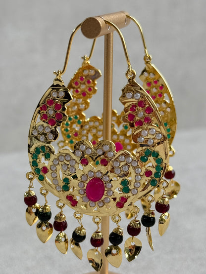 Ayura Designs Nimrat Balis – Pink & Multicolour Stones with Maroon & Green Beads and Pippal Patti Detailing