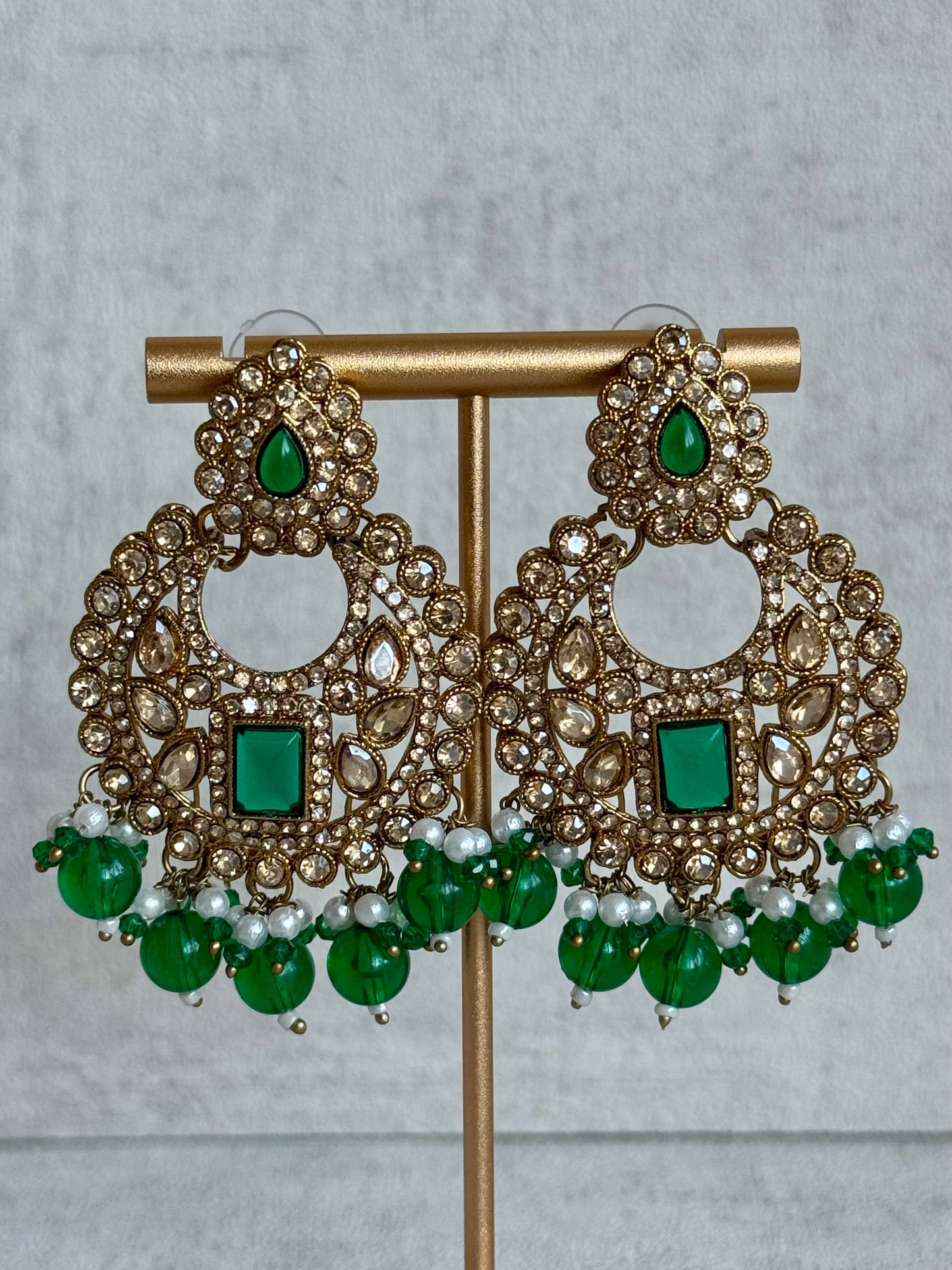 Ayura Designs Arzoo Set with Earrings & Tikka – Antique Gold Finish with Champagne Stones, Emerald Green Accents & Pearl Detailing