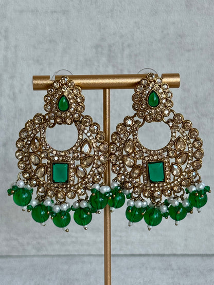 Ayura Designs Arzoo Set with Earrings & Tikka – Antique Gold Finish with Champagne Stones, Emerald Green Accents & Pearl Detailing