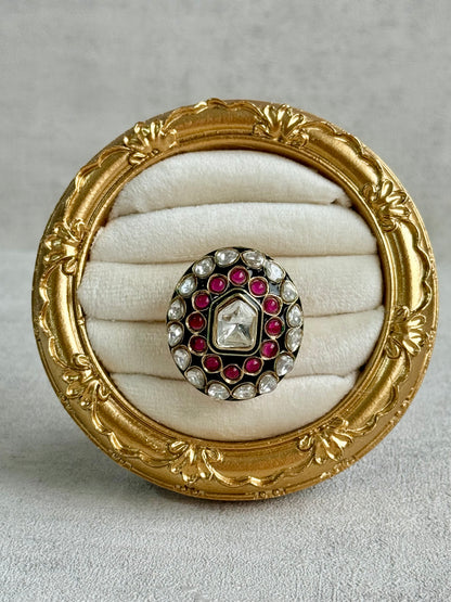 Ayura Designs Lara Adjustable Ring – Mirror-Cut Statement Ring with Ruby Pink Stones & Green Enamel Detailing