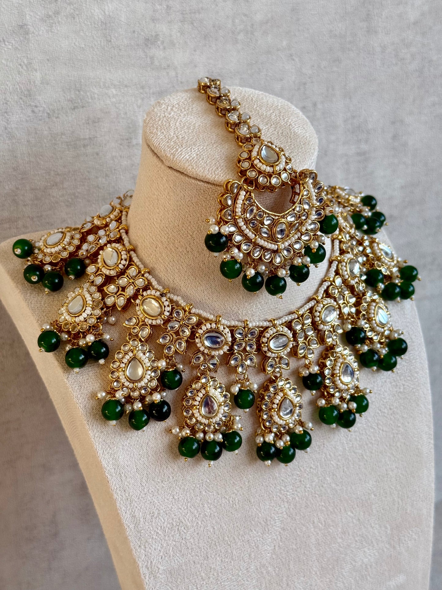 Ayura Designs Iyla Set with Necklace, Earrings & Tikka – Kundan Detailing, Ivory Pearl Drops & Emerald Beads