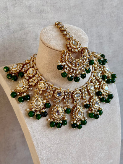 Ayura Designs Iyla Set with Necklace, Earrings & Tikka – Kundan Detailing, Ivory Pearl Drops & Emerald Beads