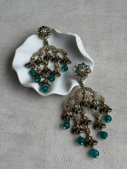 Ayura Designs Jasmine Earrings – Chandelier Earrings with Teal Green Beads & Antique Gold Detailing