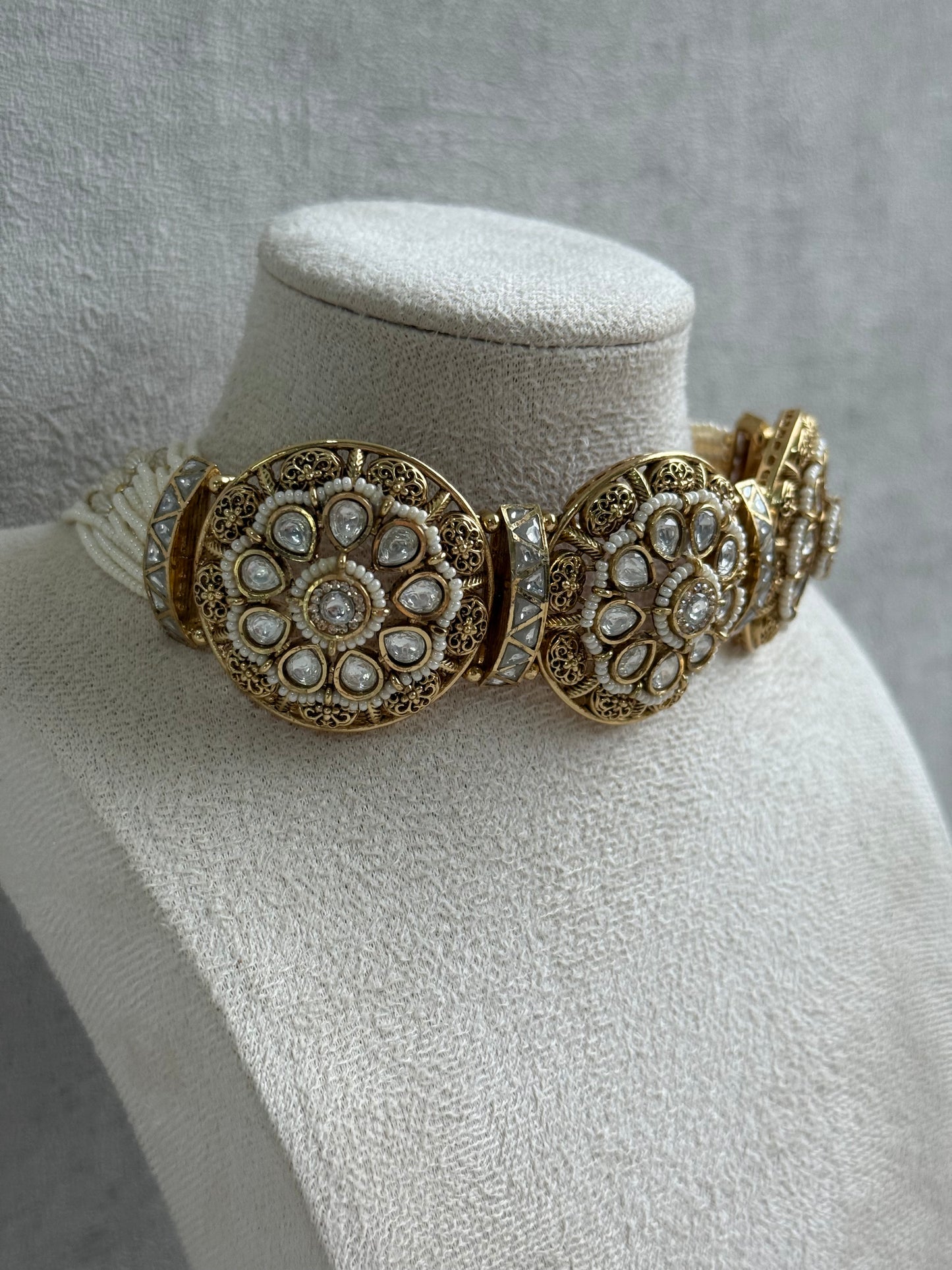 Ayura Designs Tanu Choker Set – Antique Gold Choker & Jhumkis with Kundan, Pearl Borders & Filigree Detailing