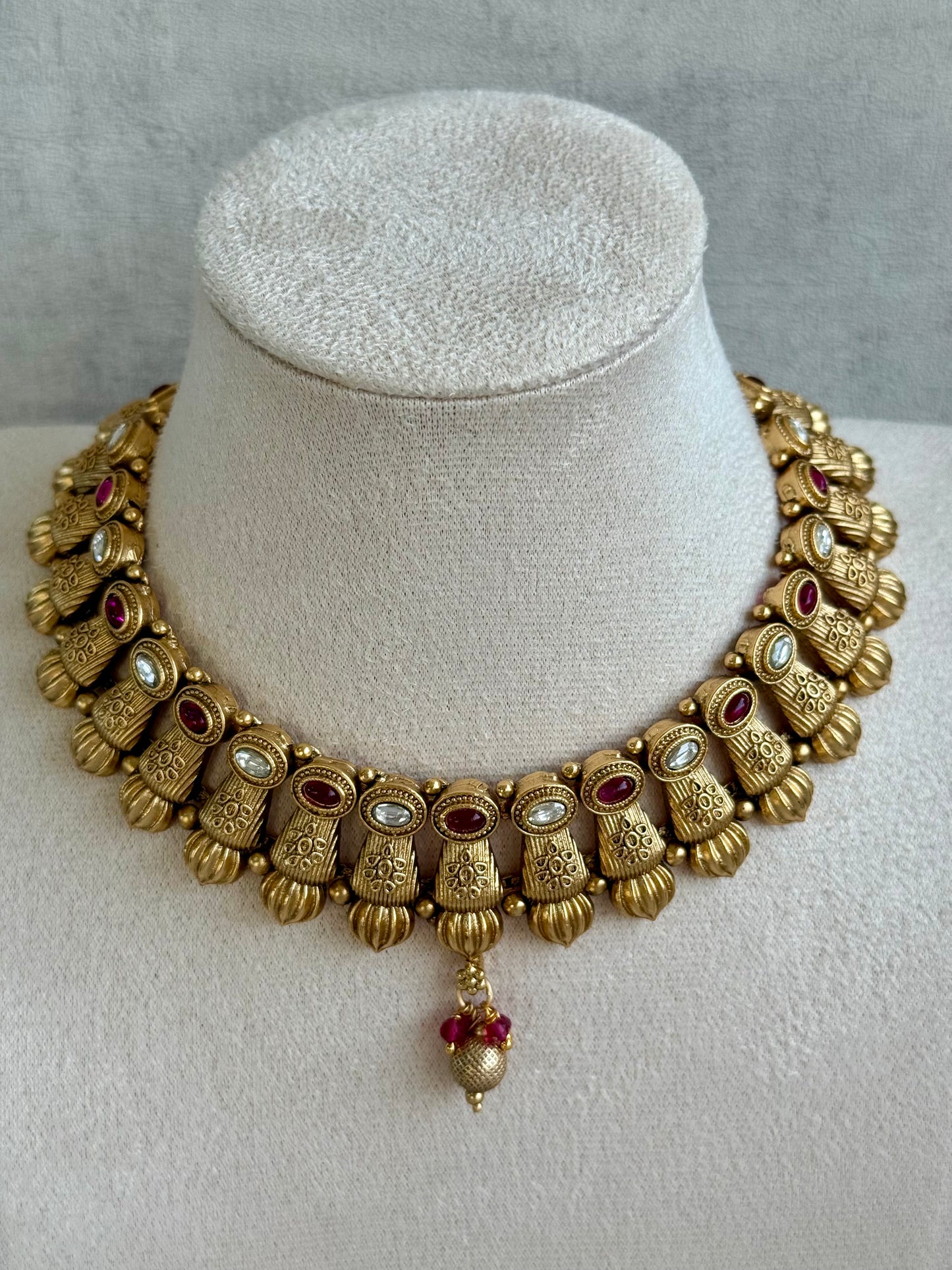 Ayura Designs Aima Necklace Set with Earrings – Antique Gold with Rani Pink Stones