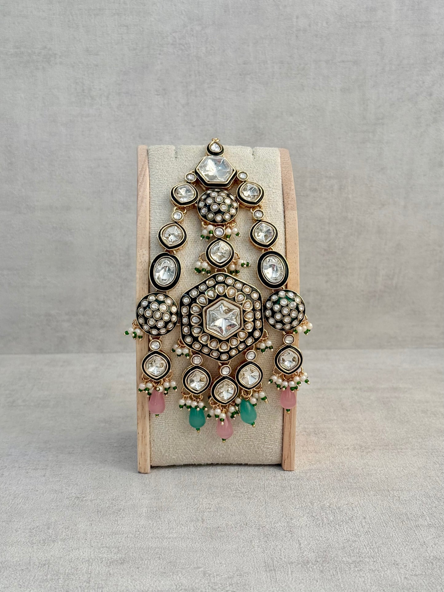 Ayura Designs Visha Jhoomar Passa – Polki Kundan with Blush Pink & Aqua Blue Drops and Pearl Detailing