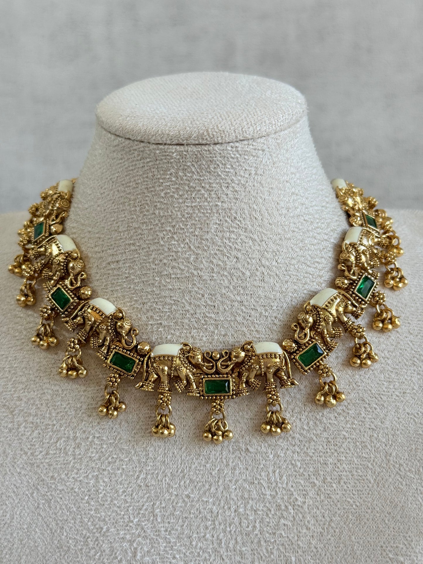 Ayura Designs Ruva Necklace Set with Earrings – Gold Finish, Emerald Green Stones, Ivory Detailing & Elephant Motifs
