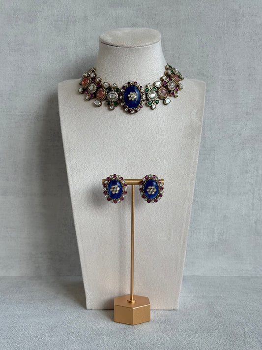 Ayura Designs Nova Necklace Set with Stud Earrings – Sapphire Blue Centre Stone, Kundan Detailing & Multicolour Gemstone Accents