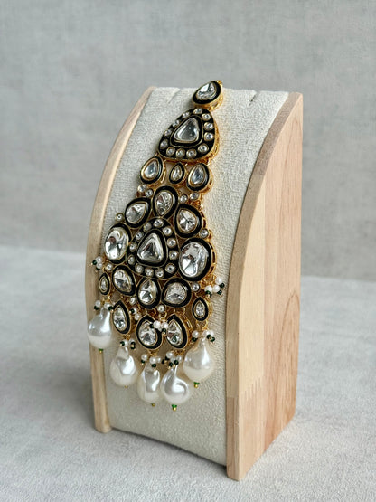 Ayura Designs Salma Jhoomar Passa – Kundan Teardrop Stones with Baroque Pearl Drops & Antique Gold Finish