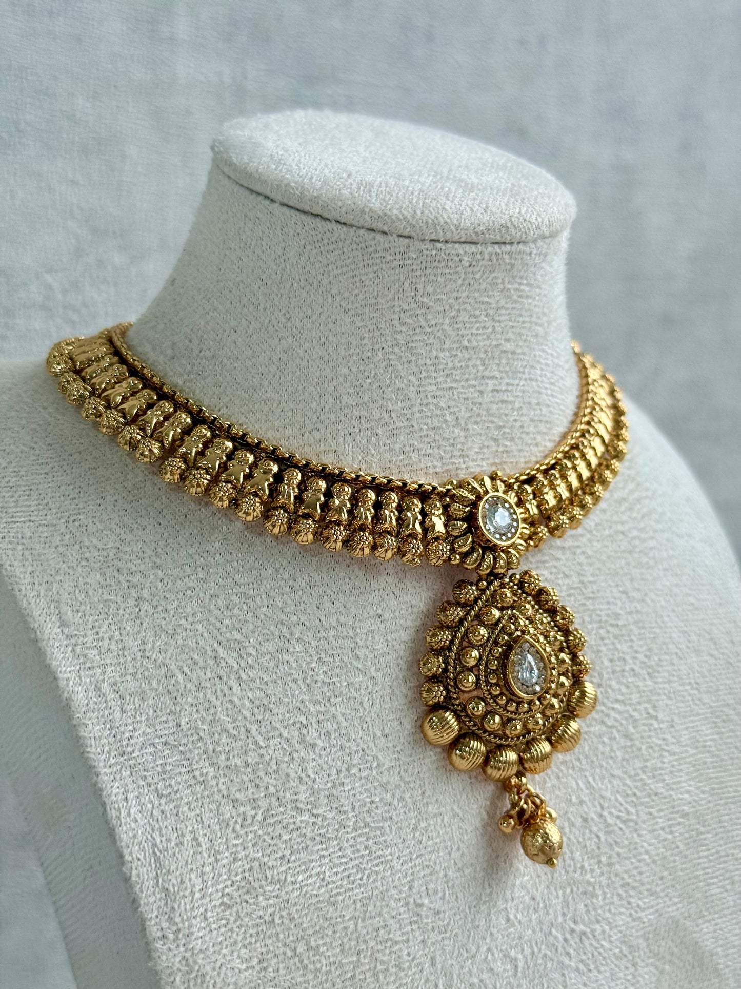 Ayura Designs Ayma Necklace Set with Earrings – Antique Gold Finish with All-Crystal Detailing