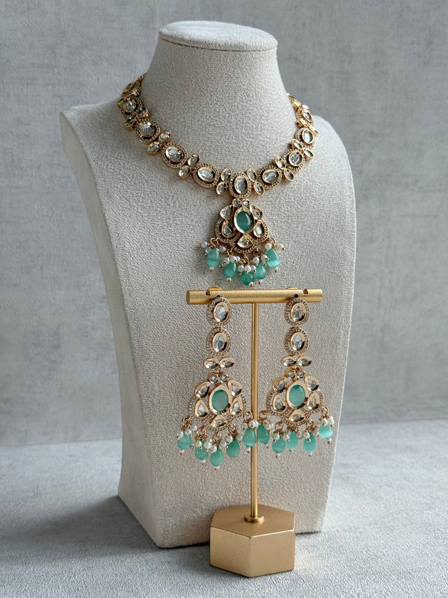 Ayura Designs Edina Necklace Set with Earrings – Kundan, Mint Green Stones & Pearl Detailing