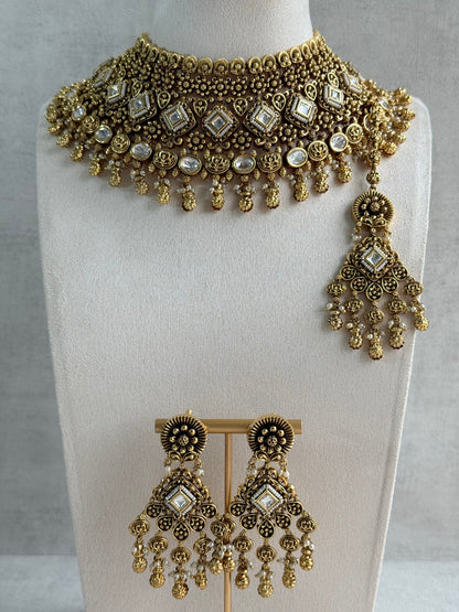 Ayura Designs Ehsaas Bridal Set with Earrings & Tikka – Kundan Stones, Pearls in Antique Gold Finish
