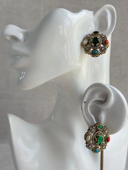 Ayura Designs Celia Stud Earrings – Emerald Green & Multicolour Stones with Gold Finish