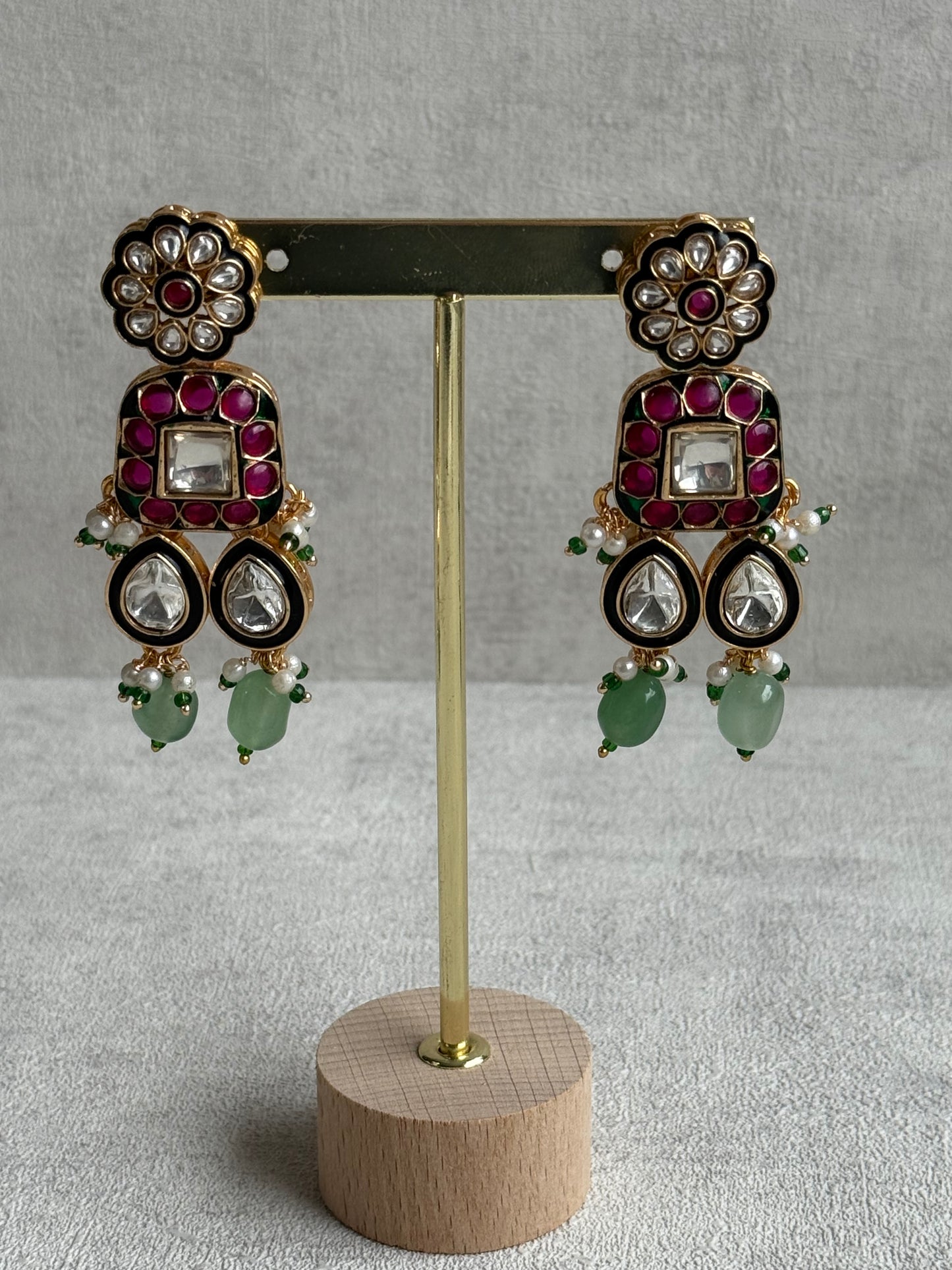 Ayura Designs Salma Set – Necklace, Earrings & Tikka with Mirror-Cut Kundan, Pink & Mint Beads, Emerald Green Meenakari & Gold Finish