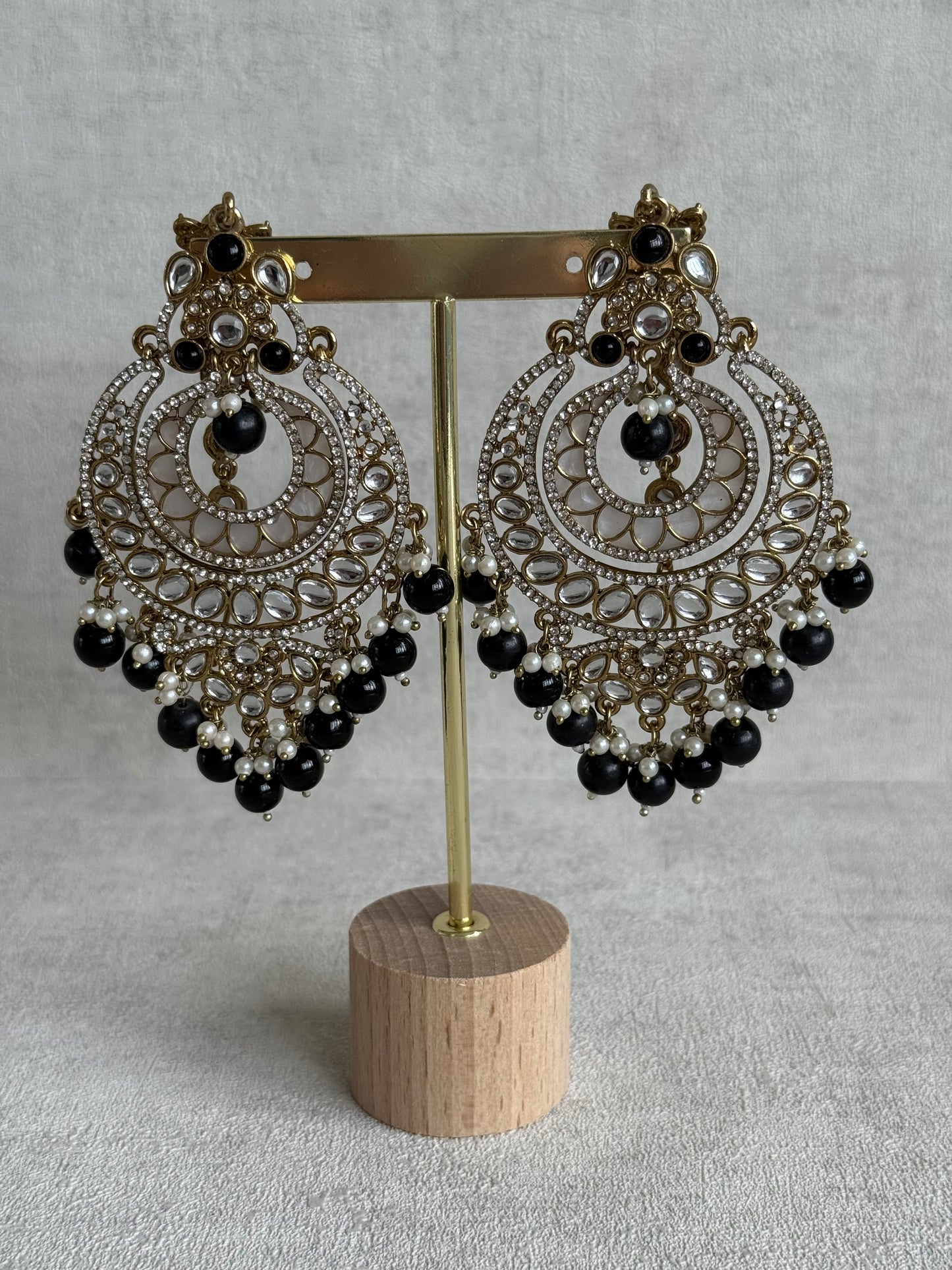 Ayura Designs Rabia Chandbalis – Antique Gold Kundan Earrings with Black Beads, Pearls & Attached Sahare