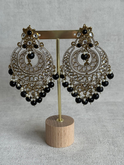 Ayura Designs Rabia Chandbalis – Antique Gold Kundan Earrings with Black Beads, Pearls & Attached Sahare