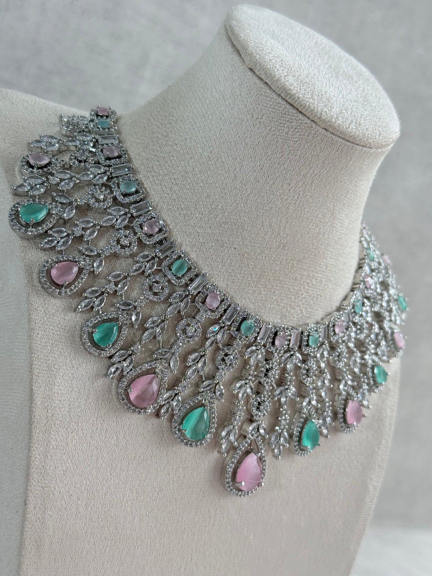 Ayura Designs Skye Necklace Set with Earrings – Blush Pink & Mint Green Stones with Crystal Detailing in Silver Finish