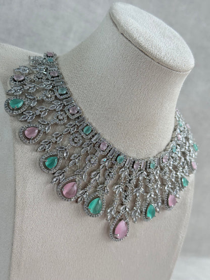 Ayura Designs Skye Necklace Set with Earrings – Blush Pink & Mint Green Stones with Crystal Detailing in Silver Finish