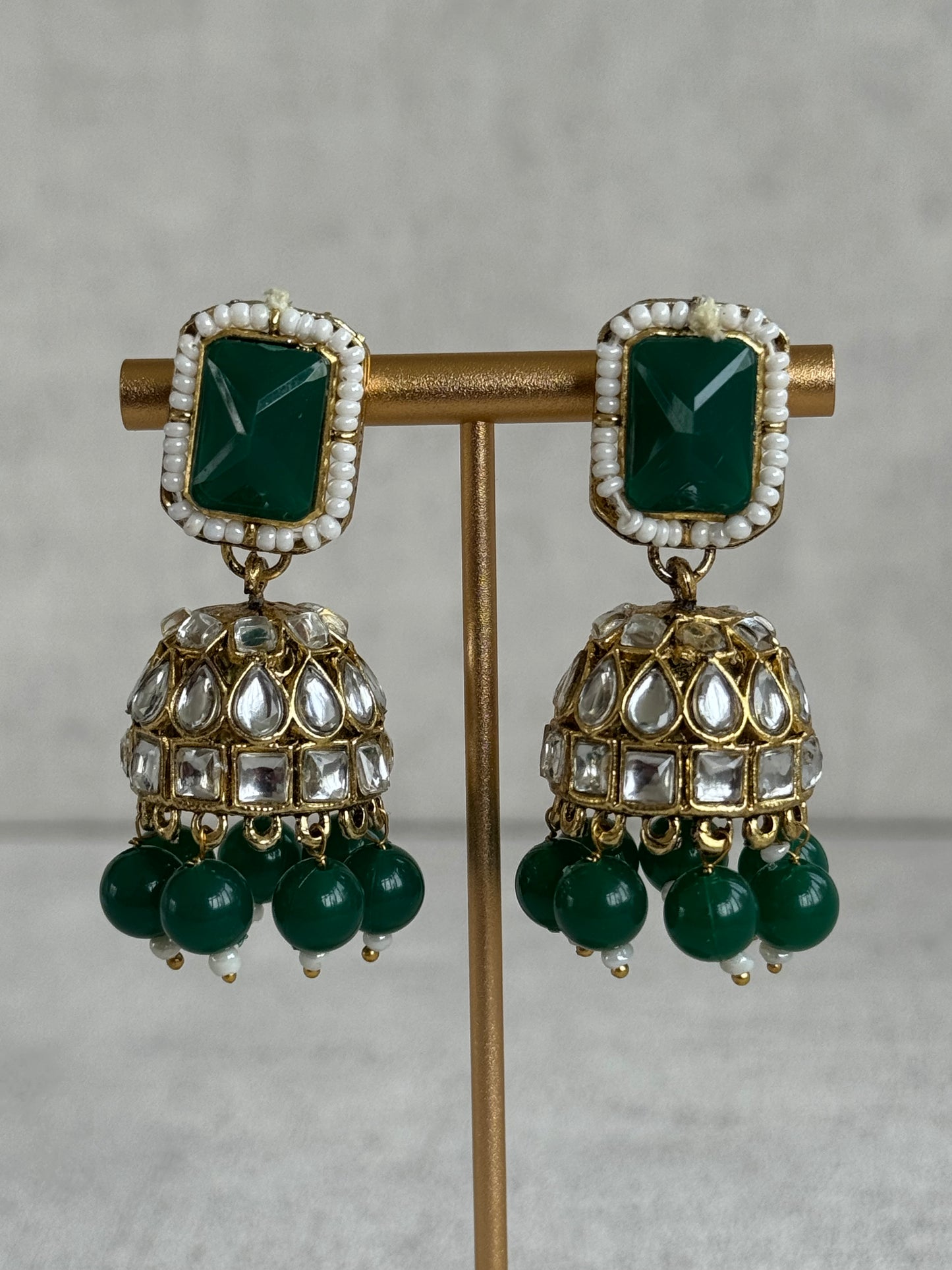 Ayura Designs Samaya Set with Jhumkis & Tikka – Emerald Green Stones, Kundan Detailing & Gold Finish