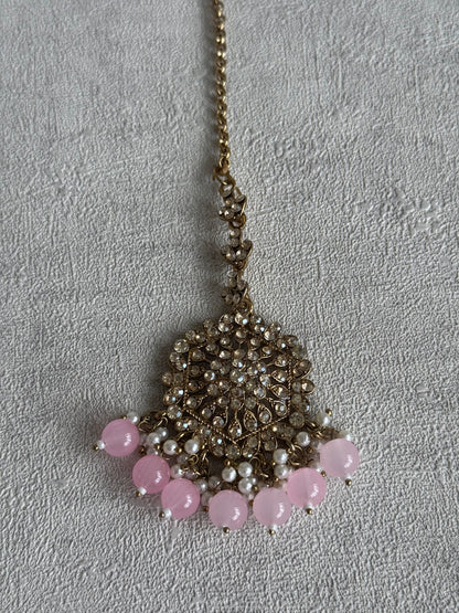 Ayura Designs Dastoor Tikka Set with Balis – Baby Pink Beads, Champagne Stones & Pearls