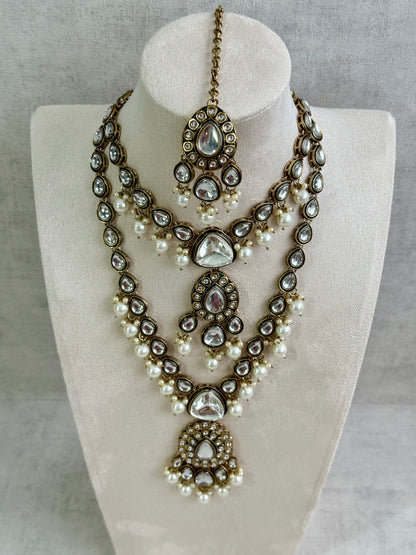 Ayura Designs Kalika Set with Necklace, Earrings, Tikka & Ring – Polki-Style Stones with Antique Green Enamel Detailing & Pearl Drops