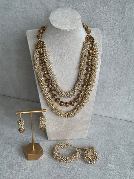 Ayura Designs Leena Set with Earrings, Ring & Bracelet – Multi-Strand Pearl Detailing with Antique Gold Filigree Spheres