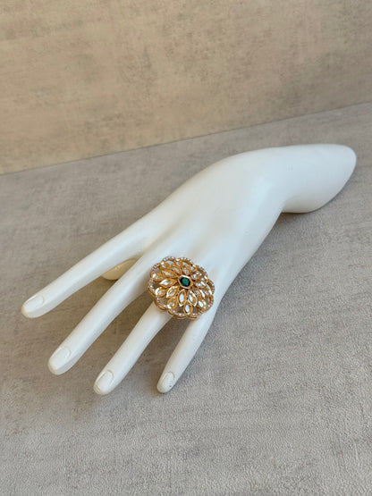 Ayura Designs Elisa Adjustable Ring – Moissanite Floral Ring with Emerald Green Centre & Crystal Border