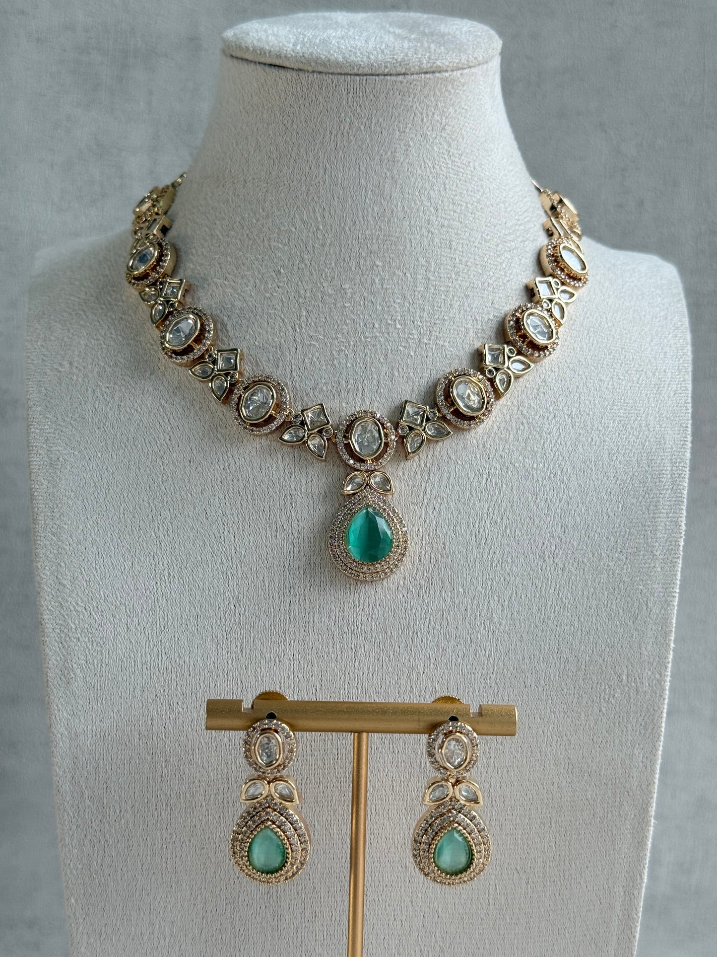 Ayura Designs Gazia Necklace Set with Earrings – Kundan, Mint Green Stones & Gold Finish