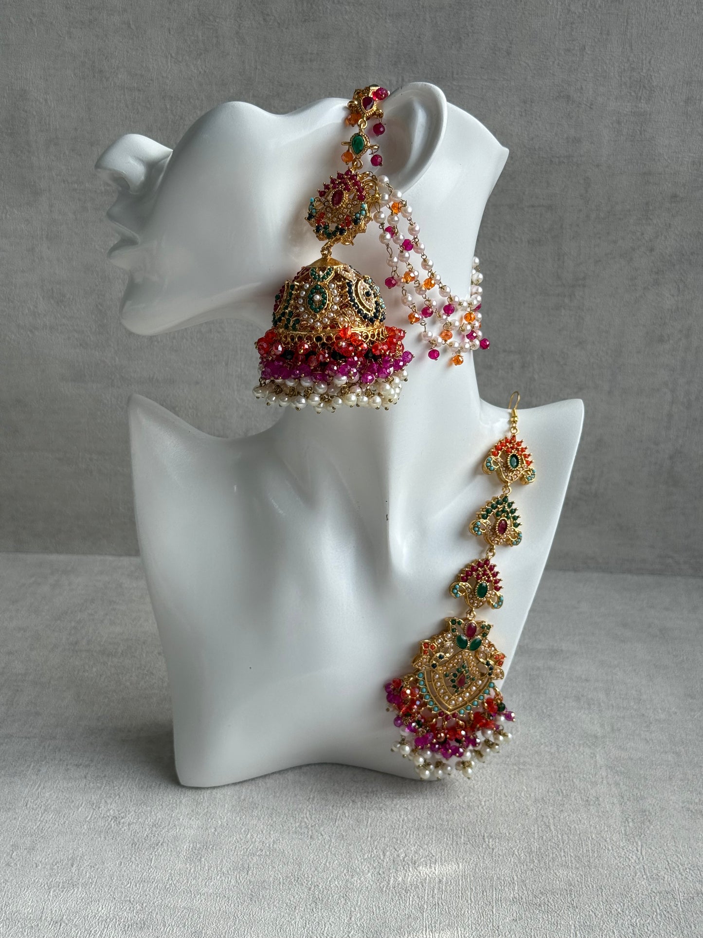 Ayura Designs Safia Tikka Set with Sahare Earrings – Multicolour (Orange, Pink & Ivory Beads)