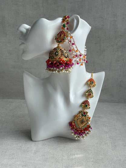 Ayura Designs Safia Tikka Set with Sahare Earrings – Multicolour (Orange, Pink & Ivory Beads)