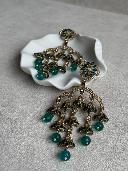 Ayura Designs Jasmine Earrings – Chandelier Earrings with Teal Green Beads & Antique Gold Detailing