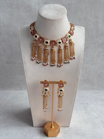 Ayura Designs Thansi Necklace Set with Earrings – Pink & Green Stones, Enamel Detailing, Chains with Pearl Drops & Gold Finish