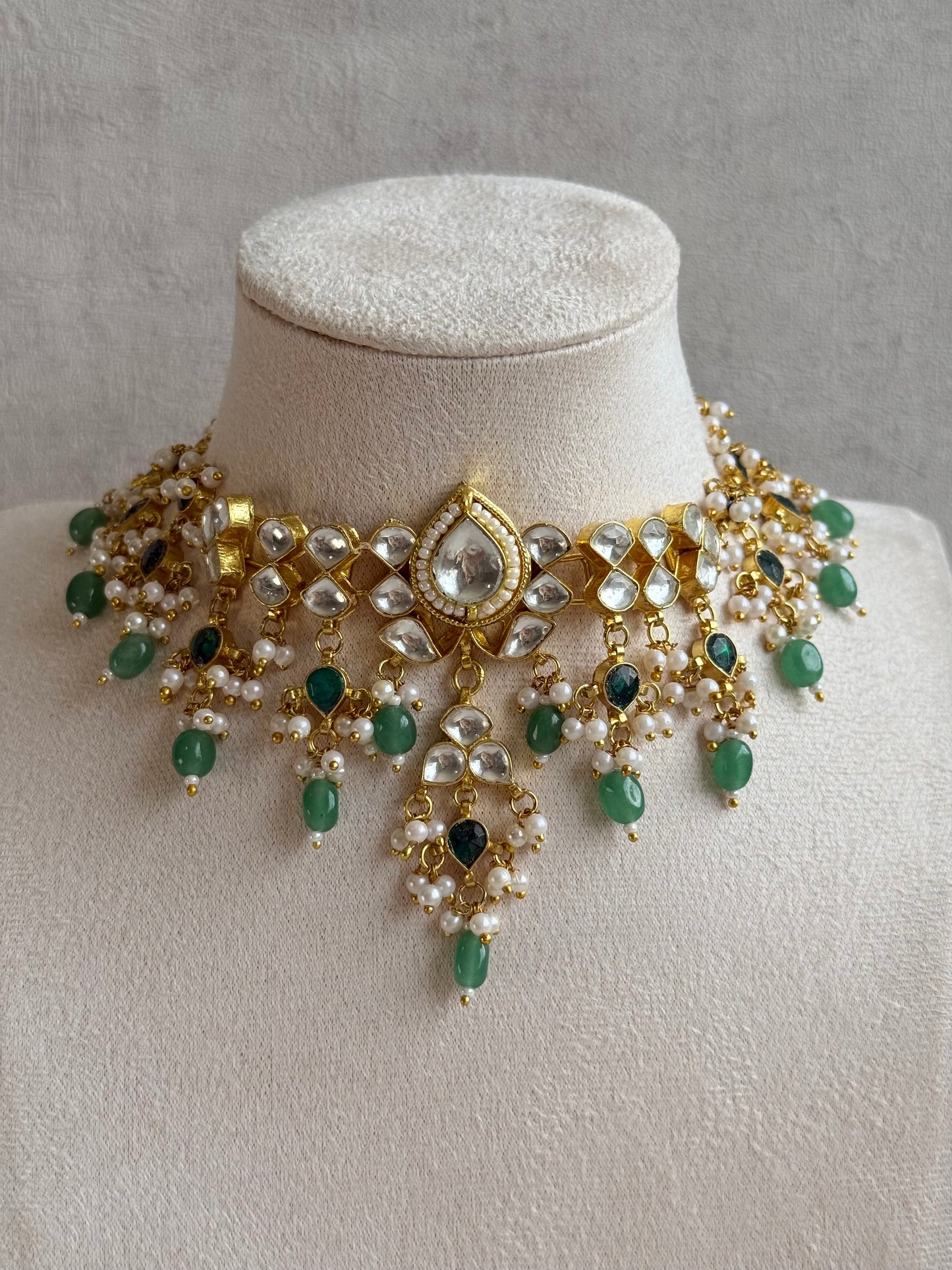 Ayura Designs Naksh Kundan Choker Set with Earrings & Emerald Green Bead Detailing