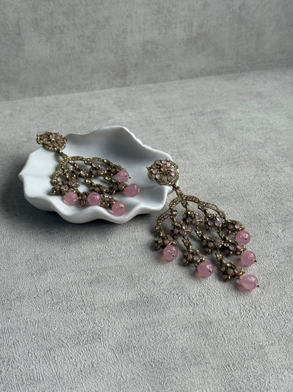 Ayura Designs Jasmine Earrings – Chandelier Earrings with Blush Pink Beads & Antique Gold Detailing