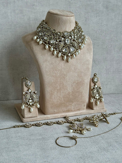 Ayura Designs Tajdar Bridal Set with Necklace, Jhumkis, Tikka, Nath, Ring & Sheeshphool – Jadau Kundan Craftsmanship with Mirror-Cut Polki, Ivory Pearl Drops & Antique Silver-Gold Finish